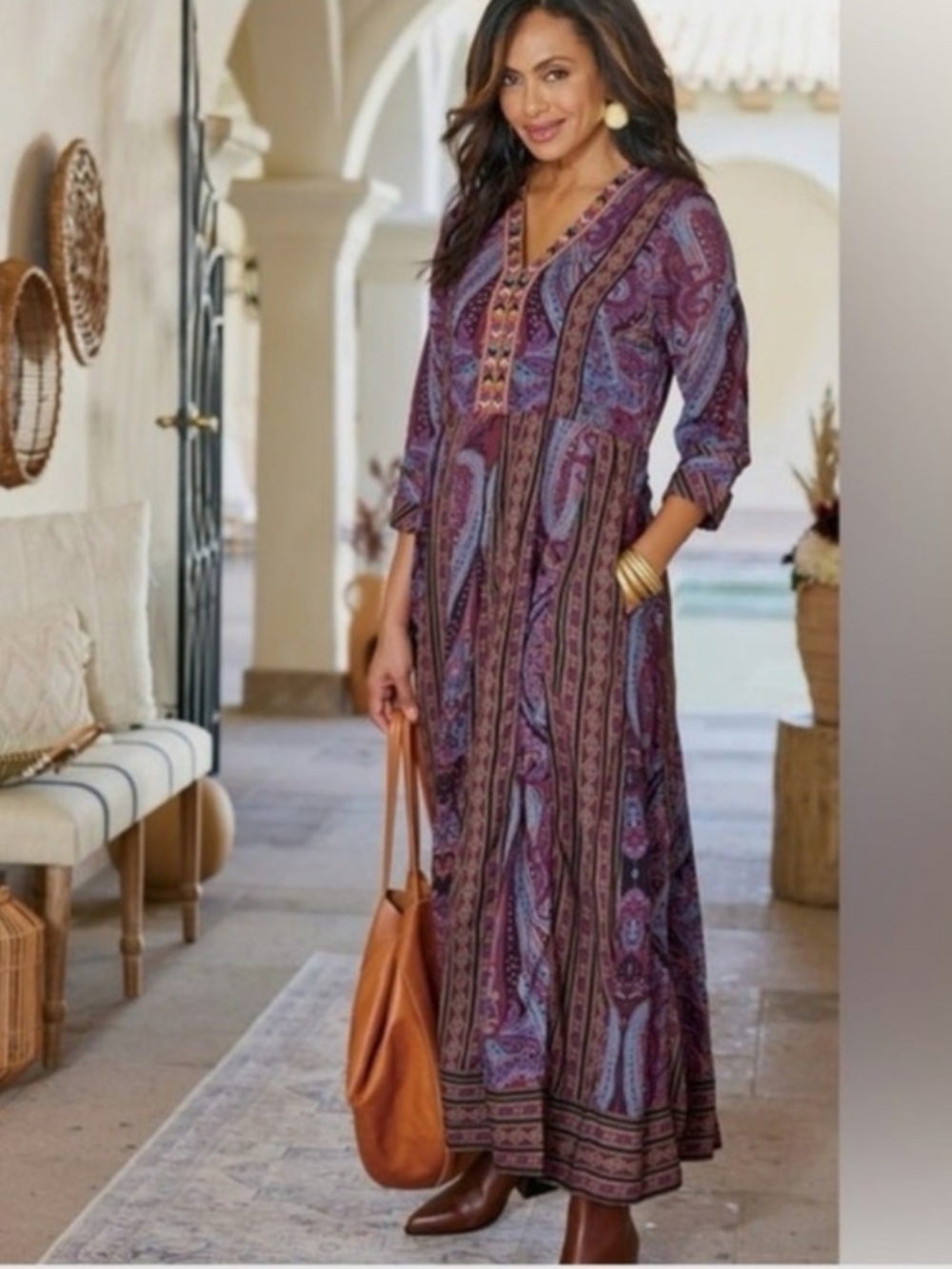 Soft Surroundings Plum Paisley Embellished V‑Neck Midi Dress